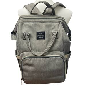 LAND Designed for Baby Gray Backpack Diaper Bag Exterior Interior Zipper Pocket